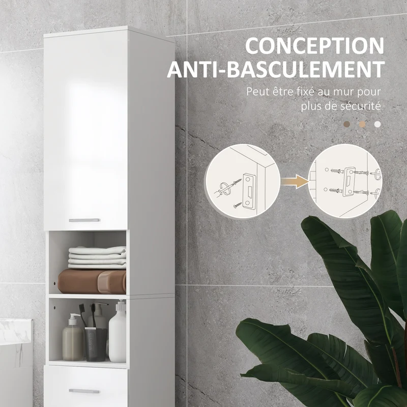 Meuble colonne salle de bain 30 x 30 x 180 cm rangement réglable tiroir portes moderne en panneau de particules blanc 21_0001991