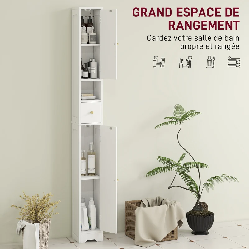 Meuble colonne salle de bain 20 x 20 x 185 cm gain de place rangement moderne contemporain en panneau de particules blanc 21_0002086