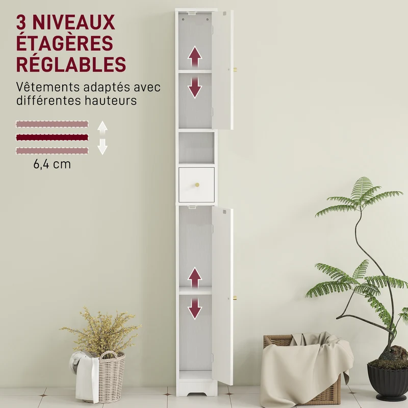 Meuble colonne salle de bain 20 x 20 x 185 cm gain de place rangement moderne contemporain en panneau de particules blanc 21_0002086