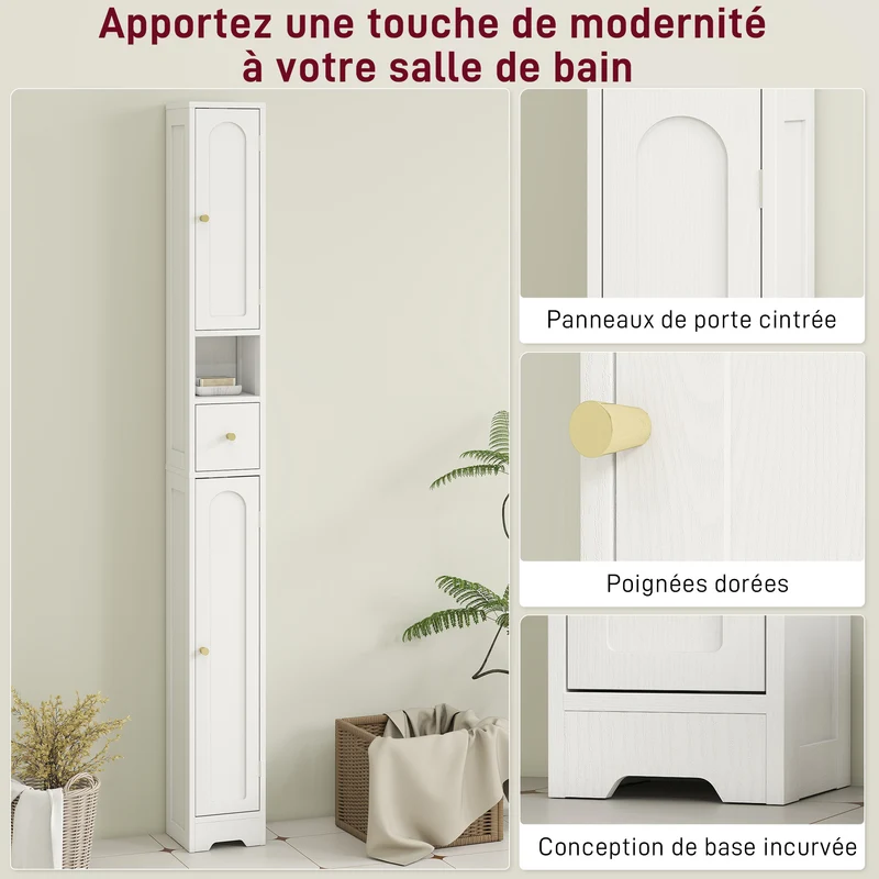Meuble colonne salle de bain 20 x 20 x 185 cm gain de place rangement moderne contemporain en panneau de particules blanc 21_0002086