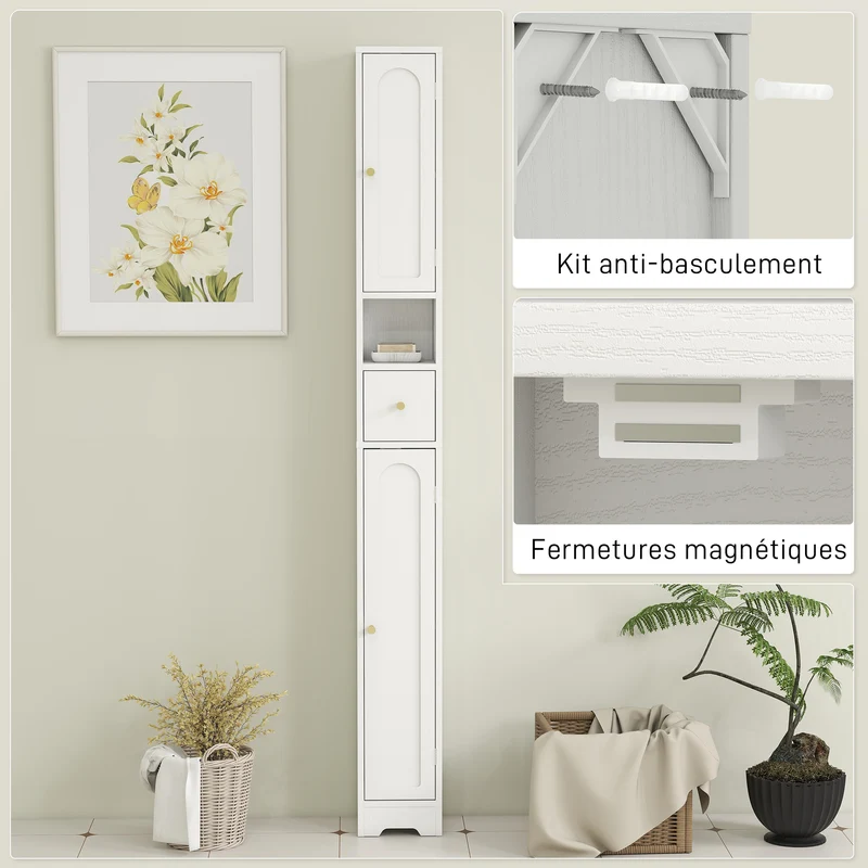 Meuble colonne salle de bain 20 x 20 x 185 cm gain de place rangement moderne contemporain en panneau de particules blanc 21_0002086