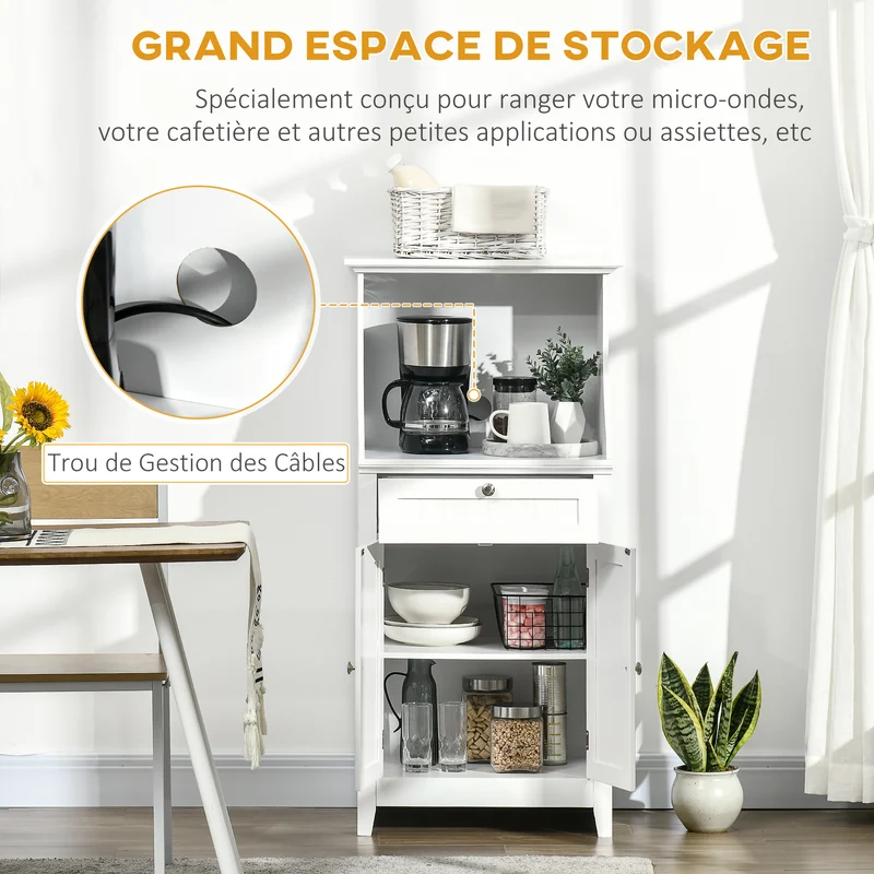 Meuble armoire micro-ondes cuisine 60 x 40 x 122,5 cm tiroir étagère réglable anti basculement moderne en MDF blanc 21_0002278