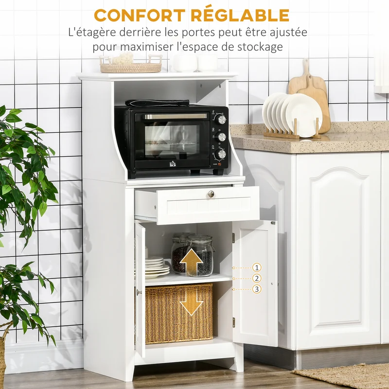 Meuble armoire micro-ondes cuisine 60 x 40 x 122,5 cm tiroir étagère réglable anti basculement moderne en MDF blanc 21_0002278