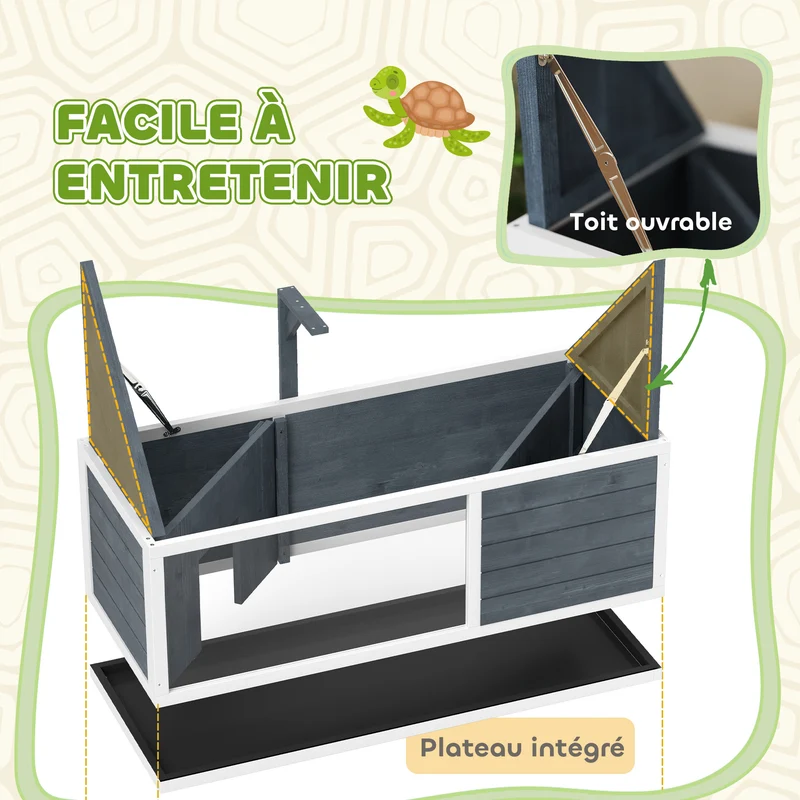 Maison pour tortues enclos 120 x 50 x 40 cm toit ouvrant accès facile panneau transparent style moderne en bois gris 21_0007846