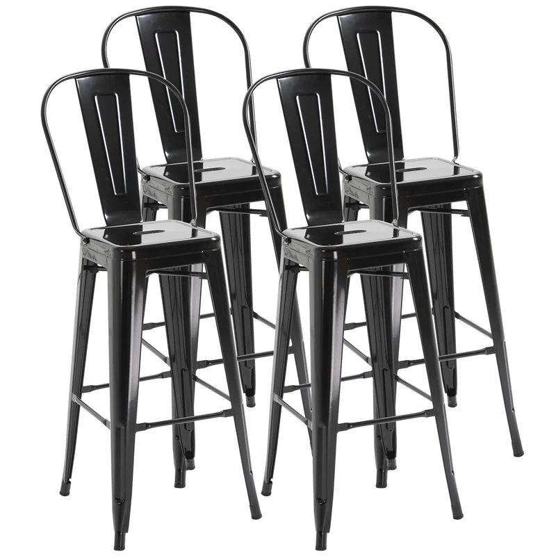 Lot de 4 tabourets de bar 44 x 46 x 116 cm empilables dossier ergonomique démontable industriel tendance en métal noir 21_0002172