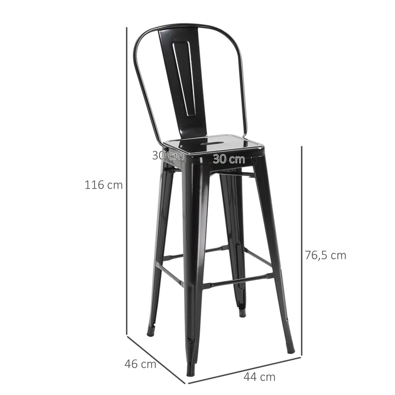 Lot de 4 tabourets de bar 44 x 46 x 116 cm empilables dossier ergonomique démontable industriel tendance en métal noir 21_0002172
