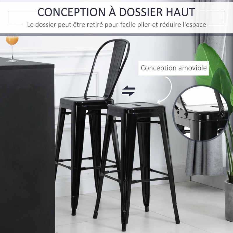 Lot de 4 tabourets de bar 44 x 46 x 116 cm empilables dossier ergonomique démontable industriel tendance en métal noir 21_0002172