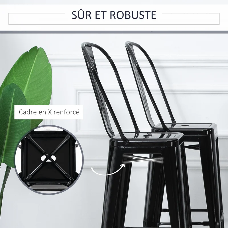 Lot de 4 tabourets de bar 44 x 46 x 116 cm empilables dossier ergonomique démontable industriel tendance en métal noir 21_0002172