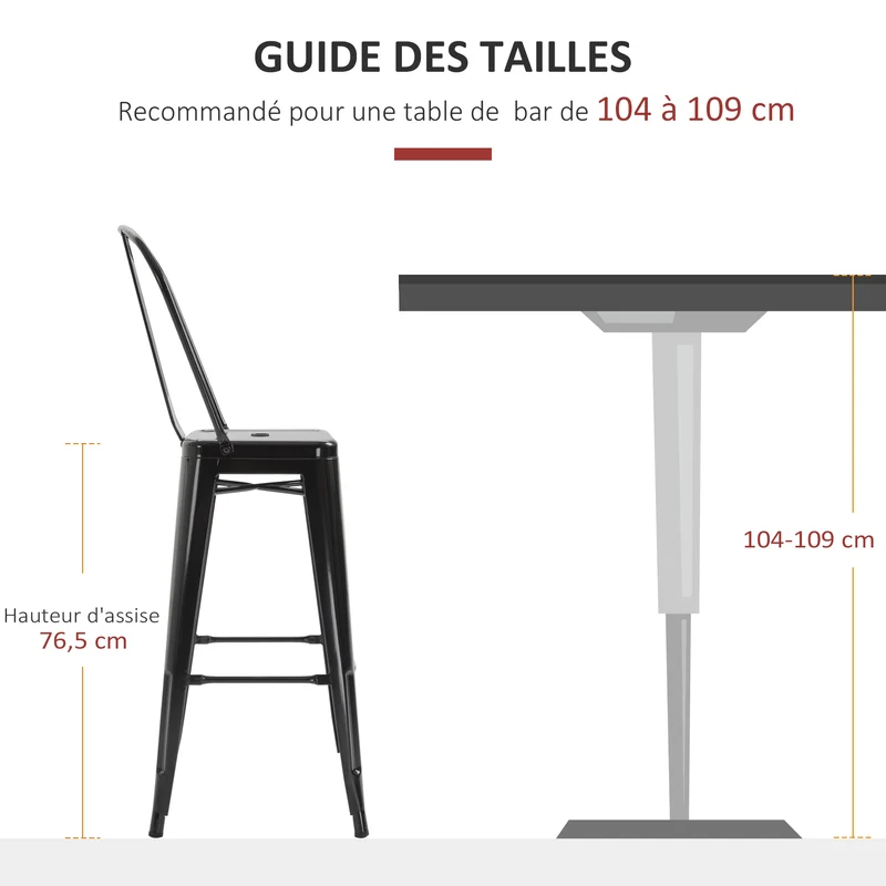 Lot de 4 tabourets de bar 44 x 46 x 116 cm empilables dossier ergonomique démontable industriel tendance en métal noir 21_0002172
