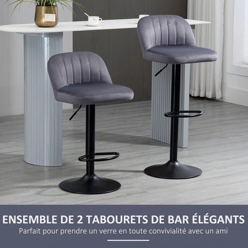 Lot de 2 tabourets de bar hauteur réglable pivotant 43 x 45 x 81-101 cm confort design contemporain en polyester gris 21_0002293