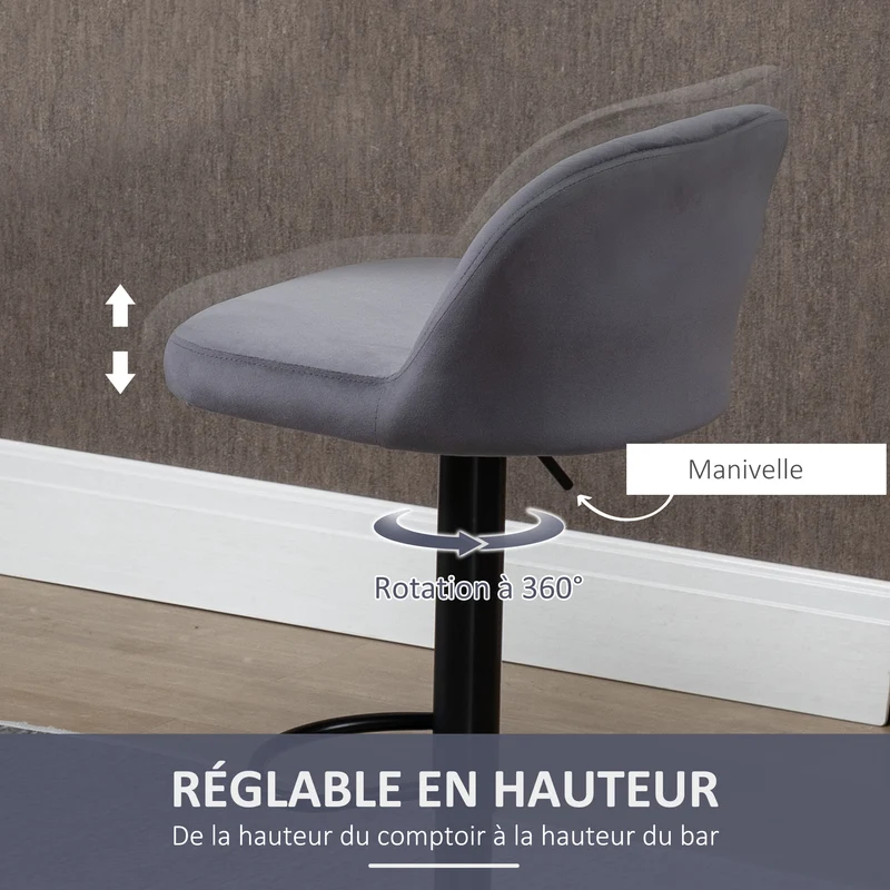 Lot de 2 tabourets de bar hauteur réglable pivotant 43 x 45 x 81-101 cm confort design contemporain en polyester gris 21_0002293