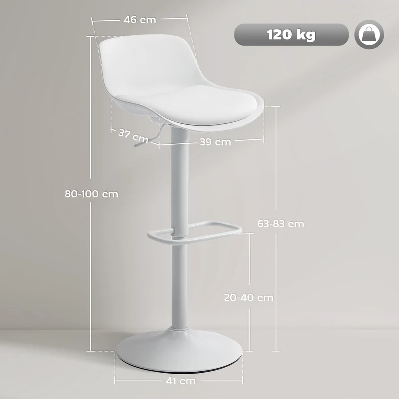Lot de 2 tabourets de bar 43 x 45 x 100 cm siège pivotant hauteur réglable dossier ergonomique style moderne en PU blanc 21_0003341
