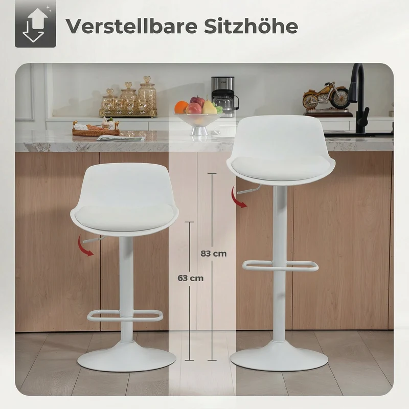 Lot de 2 tabourets de bar 43 x 45 x 100 cm siège pivotant hauteur réglable dossier ergonomique style moderne en PU blanc 21_0003341