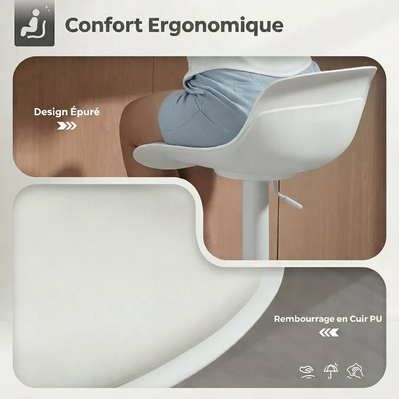 Lot de 2 tabourets de bar 43 x 45 x 100 cm siège pivotant hauteur réglable dossier ergonomique style moderne en PU blanc 21_0003341