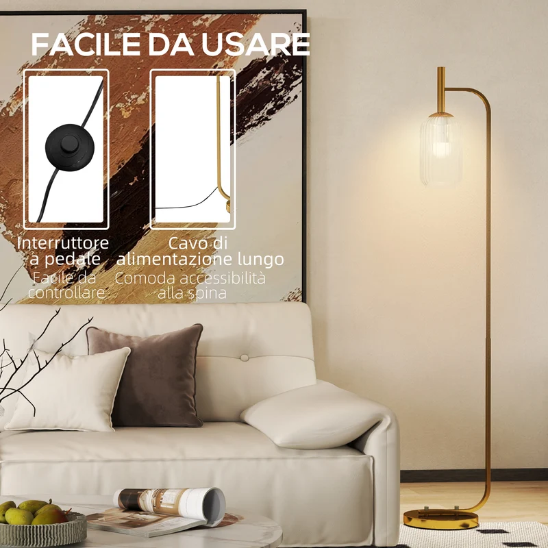 Lampadaire sur pied salon 29 x 25 x 153 cm abat-jour texturé interrupteur à pied pratique moderne design en métal doré 21_0007035