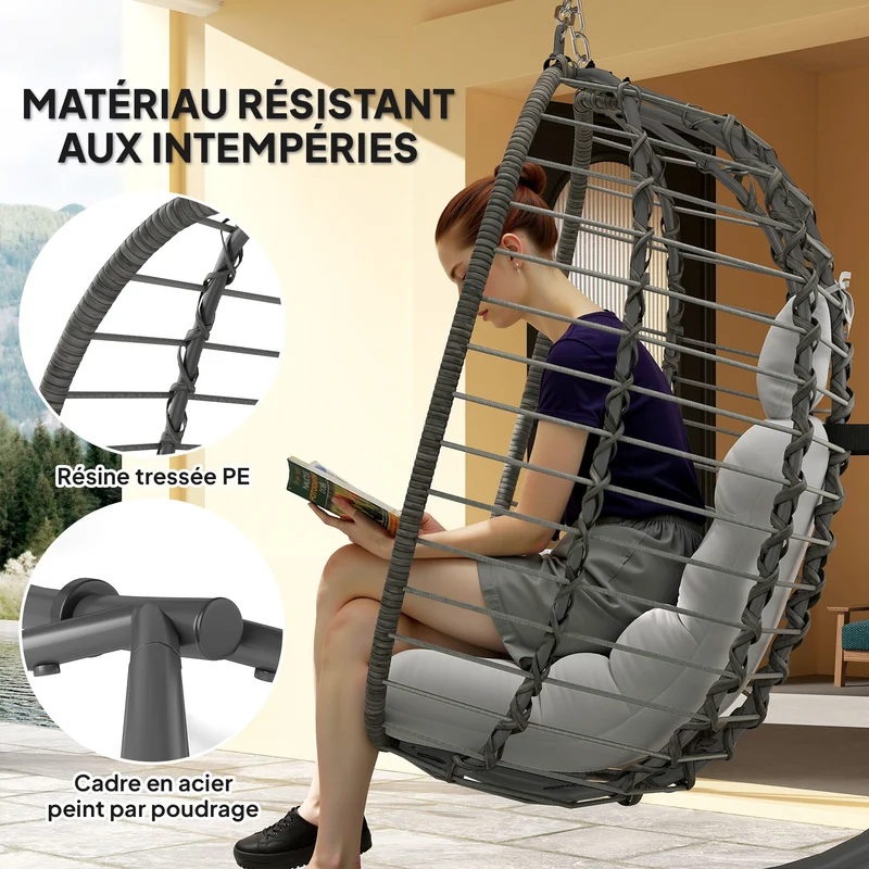 Fauteuil suspendu pliable forme panier 93 x 60 x 110 cm hauteur réglable coussin moelleux moderne en résine tressée gris 21_0006079