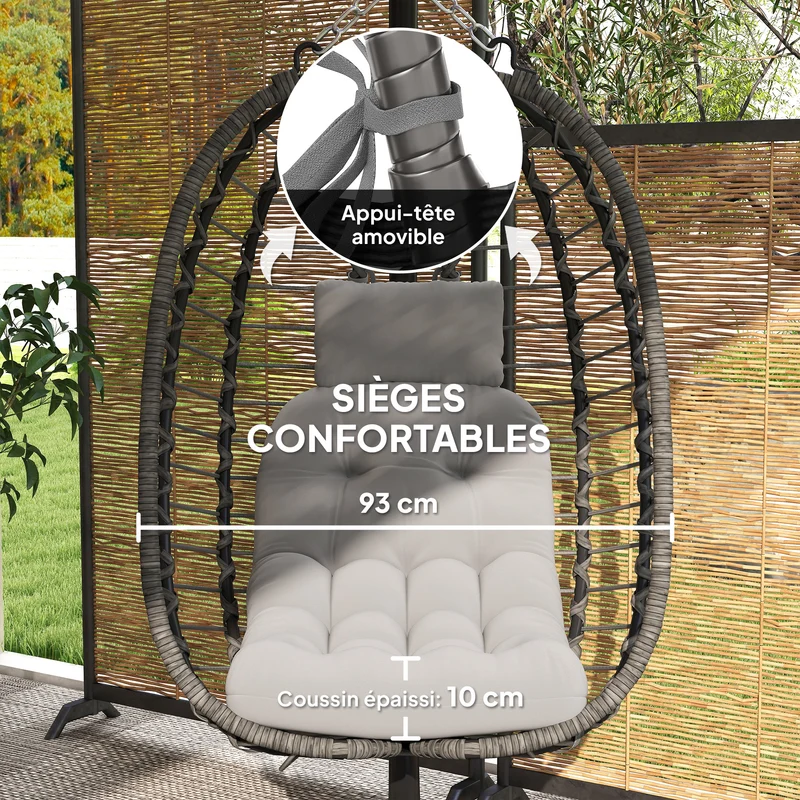 Fauteuil suspendu pliable forme panier 93 x 60 x 110 cm hauteur réglable coussin moelleux moderne en résine tressée gris 21_0006079