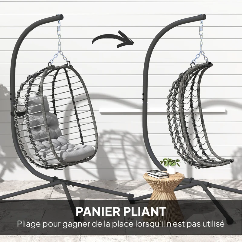 Fauteuil suspendu pliable forme panier 93 x 60 x 110 cm hauteur réglable coussin moelleux moderne en résine tressée gris 21_0006079