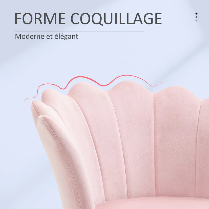 Fauteuil coquillage 67 x 64 x 77 cm assise 9 cm cocooning élégant style classique pieds dorés en polyester rose poudré 21_0003018