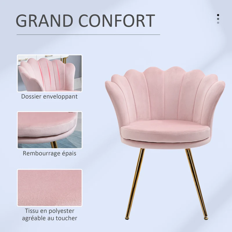 Fauteuil coquillage 67 x 64 x 77 cm assise 9 cm cocooning élégant style classique pieds dorés en polyester rose poudré 21_0003018