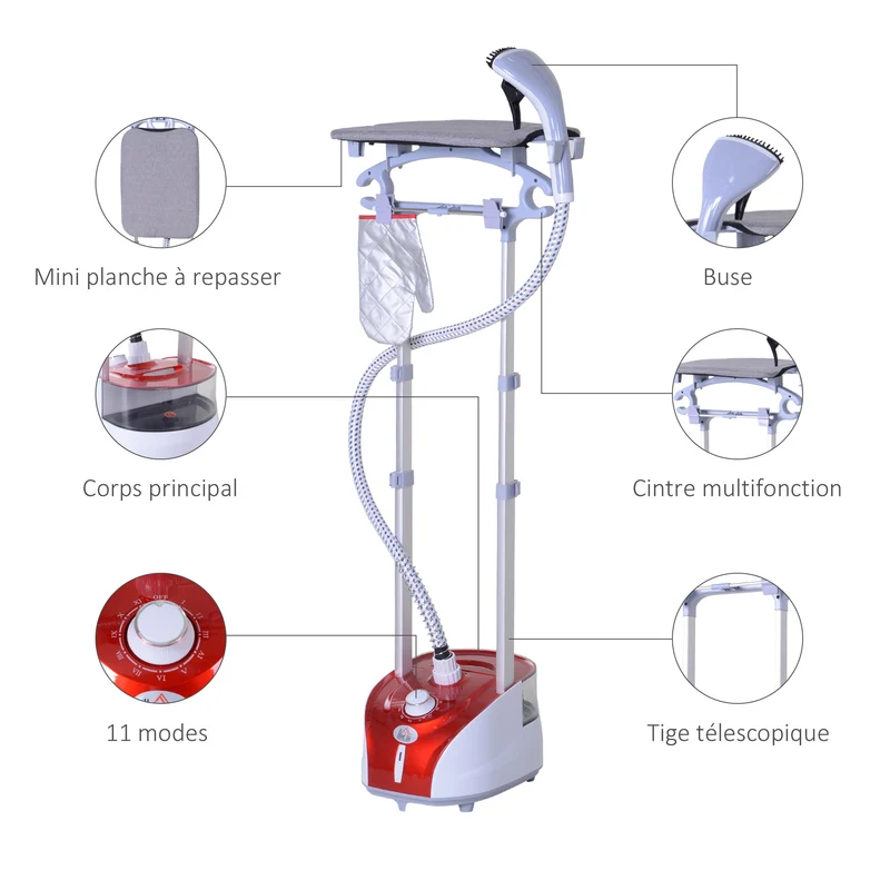 Défroisseur vapeur vertical pour vêtements 35 x 25 x 119 cm préchauffage 38 s autonomie 55 min moderne épuré en PP rouge 21_0005954