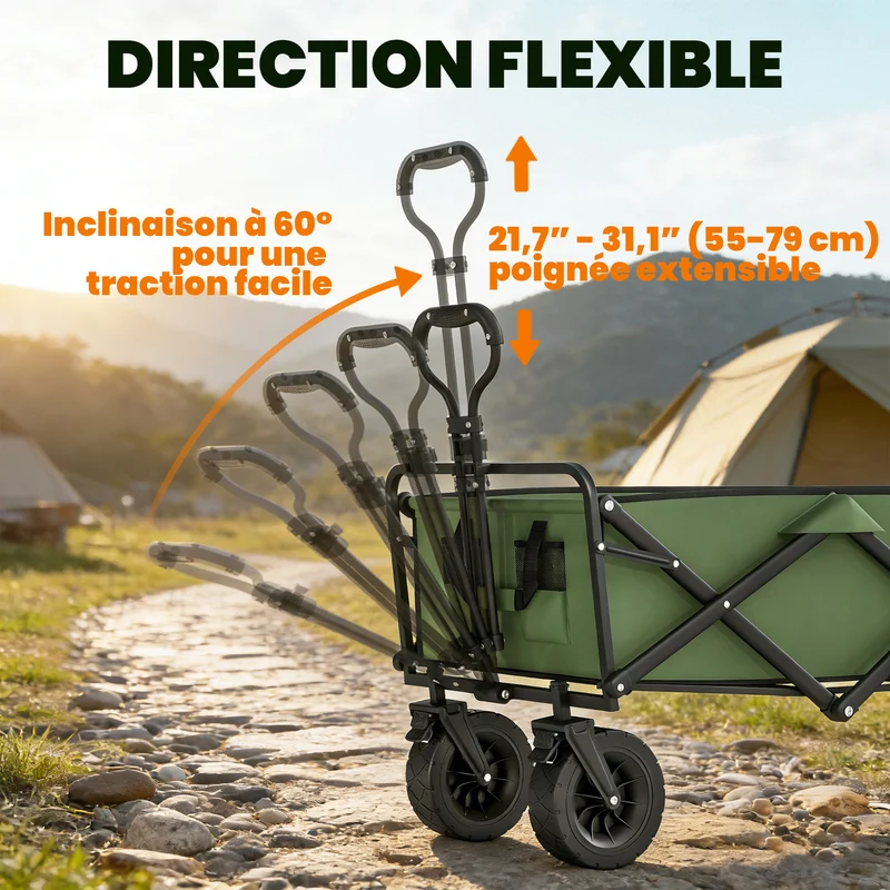 Chariot de jardin pliable 130 x 50 x 55 cm charge 250kg poignée réglable usage extérieur design industriel en métal vert 21_0006581
