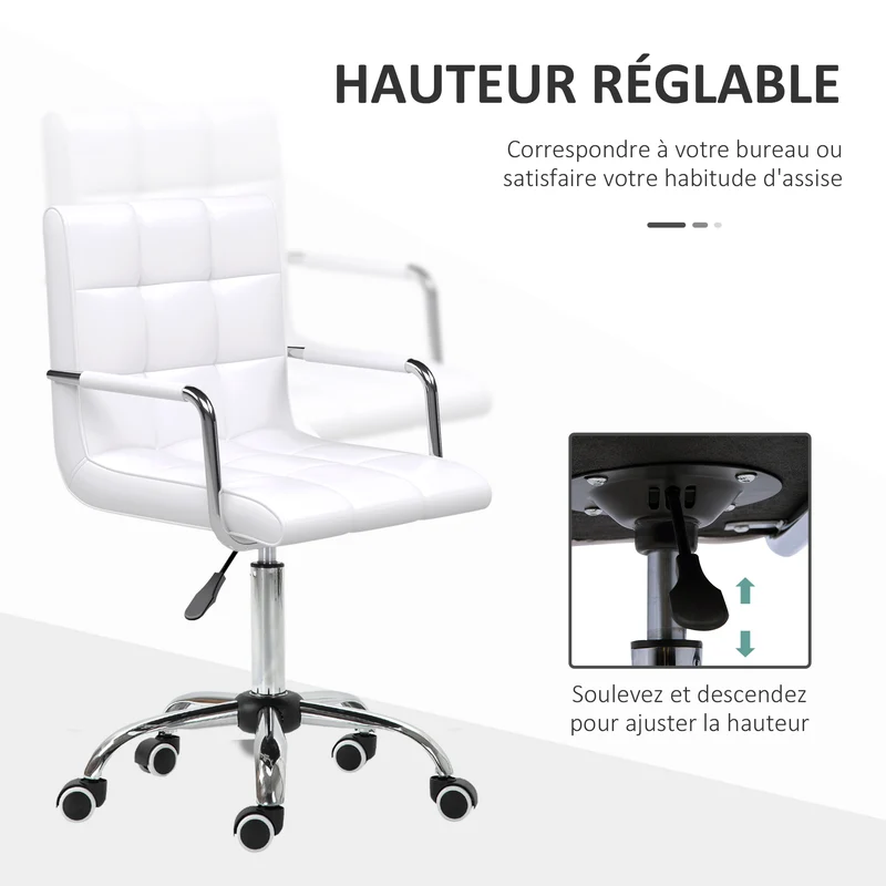 Chaise de bureau pivotante 52,5 x 54 x 84-99 cm assise réglable soutien dorsal rembourrée moderne en synthétique blanc 21_0000096