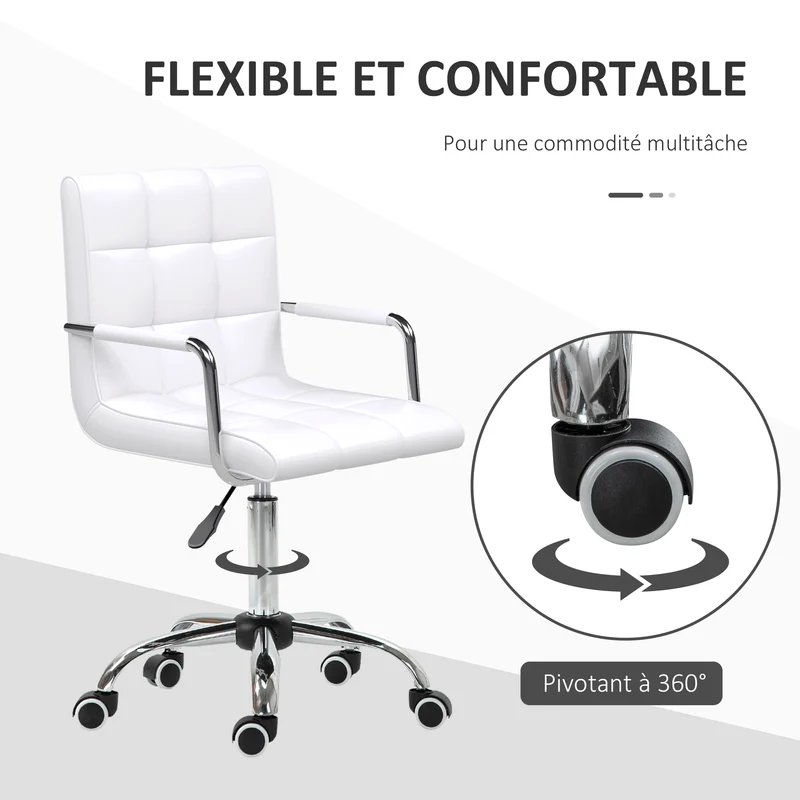 Chaise de bureau pivotante 52,5 x 54 x 84-99 cm assise réglable soutien dorsal rembourrée moderne en synthétique blanc 21_0000096