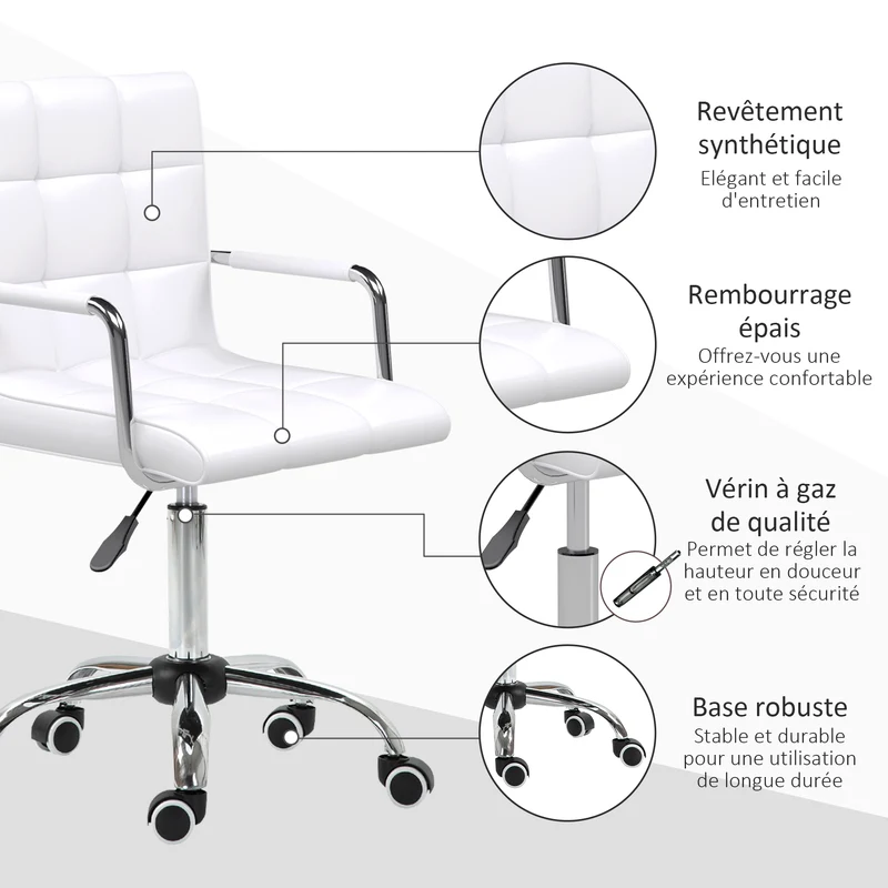 Chaise de bureau pivotante 52,5 x 54 x 84-99 cm assise réglable soutien dorsal rembourrée moderne en synthétique blanc 21_0000096