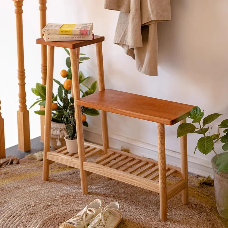 Contemporary Coastal Solid Ash & Cherry Wood Rectangular Storage Shelf 3-Tier For Outdoor Patio