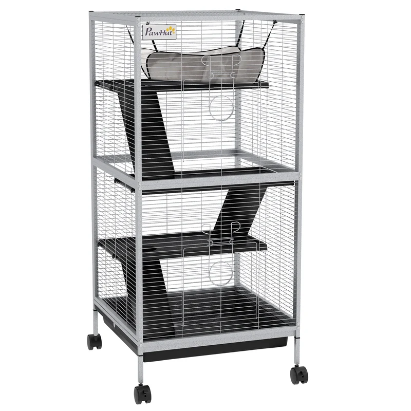 Cage pour petits animaux 4 niveaux 52 x 52 x 113.5 cm bac amovible roulettes moderne épuré intérieur en métal gris clair 21_0007903
