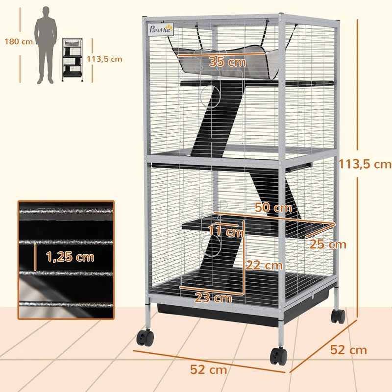 Cage pour petits animaux 4 niveaux 52 x 52 x 113.5 cm bac amovible roulettes moderne épuré intérieur en métal gris clair 21_0007903