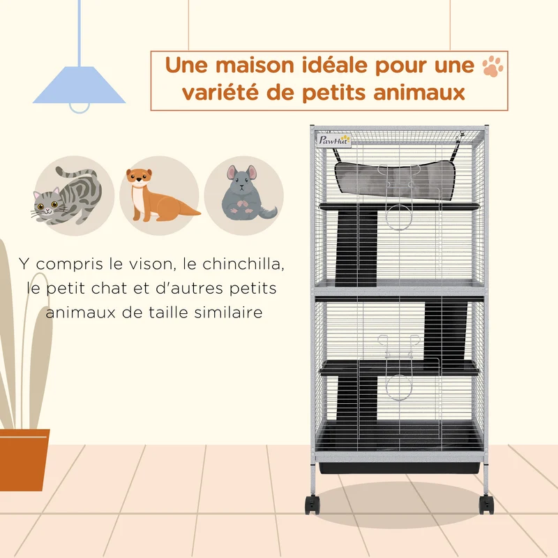 Cage pour petits animaux 4 niveaux 52 x 52 x 113.5 cm bac amovible roulettes moderne épuré intérieur en métal gris clair 21_0007903