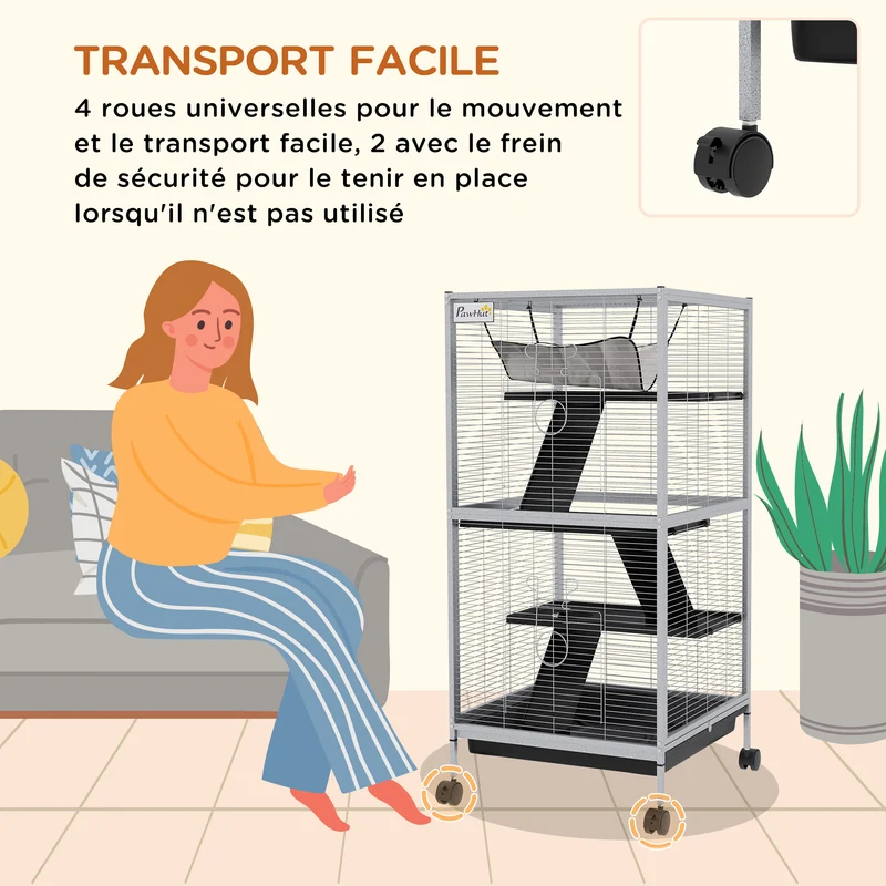 Cage pour petits animaux 4 niveaux 52 x 52 x 113.5 cm bac amovible roulettes moderne épuré intérieur en métal gris clair 21_0007903