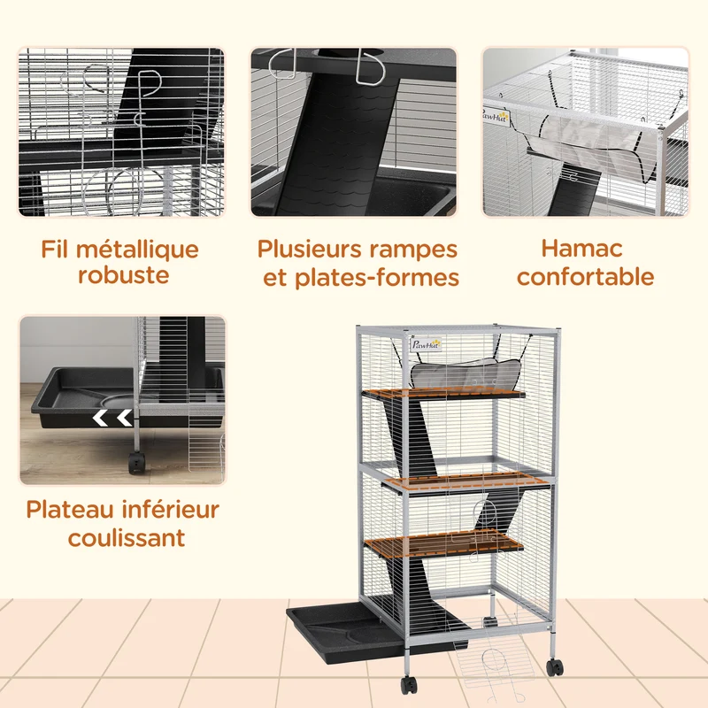 Cage pour petits animaux 4 niveaux 52 x 52 x 113.5 cm bac amovible roulettes moderne épuré intérieur en métal gris clair 21_0007903
