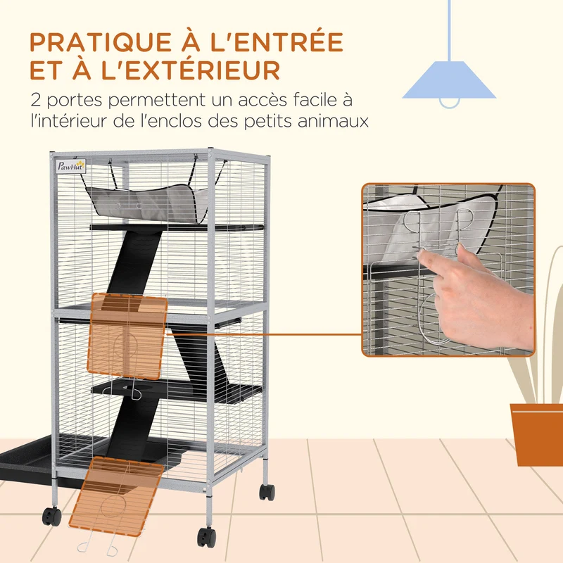 Cage pour petits animaux 4 niveaux 52 x 52 x 113.5 cm bac amovible roulettes moderne épuré intérieur en métal gris clair 21_0007903