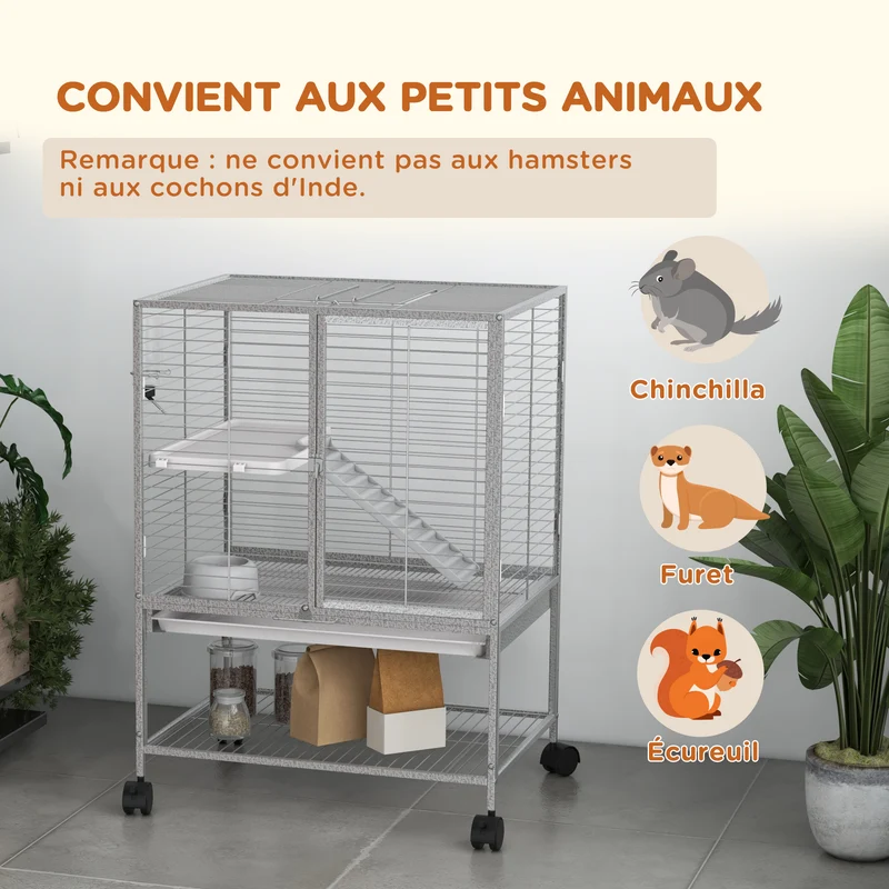 Cage 2 niveaux sur roulettes 61,5 x 44,5 x 86 cm plateau amovible étagère de rangement contemporain en acier gris clair 21_0007983