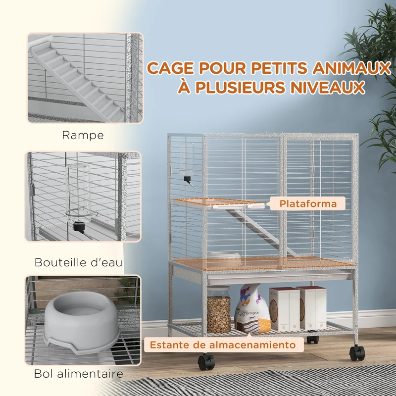 Cage 2 niveaux sur roulettes 61,5 x 44,5 x 86 cm plateau amovible étagère de rangement contemporain en acier gris clair 21_0007983