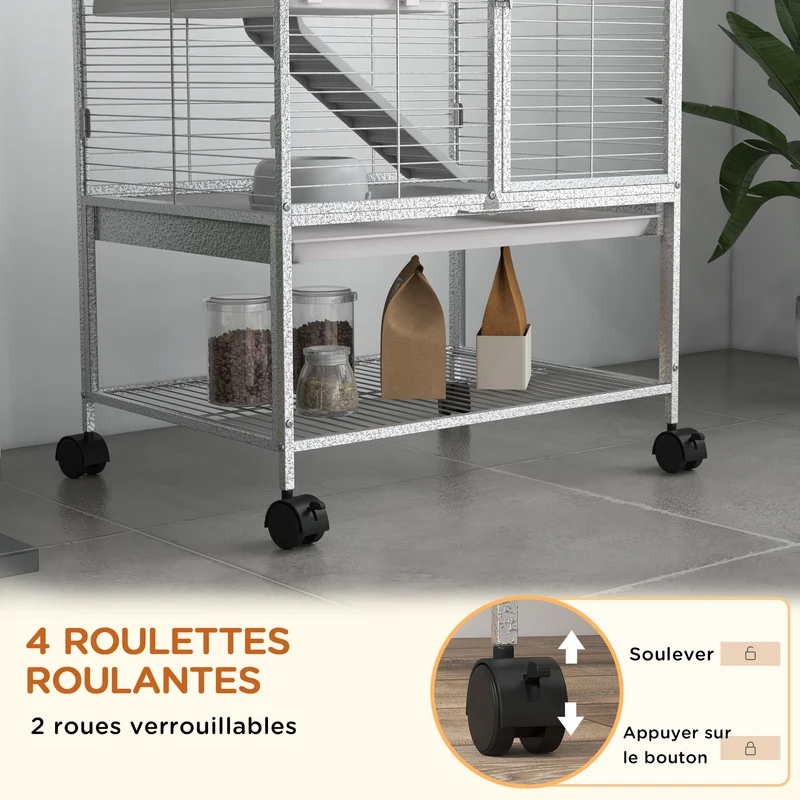 Cage 2 niveaux sur roulettes 61,5 x 44,5 x 86 cm plateau amovible étagère de rangement contemporain en acier gris clair 21_0007983