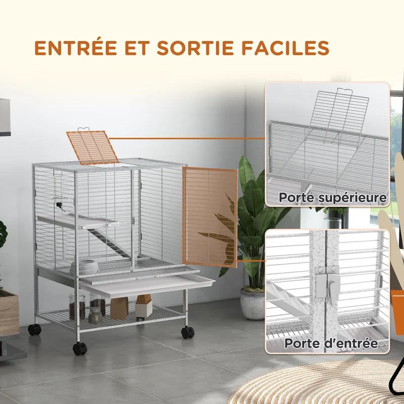 Cage 2 niveaux sur roulettes 61,5 x 44,5 x 86 cm plateau amovible étagère de rangement contemporain en acier gris clair 21_0007983