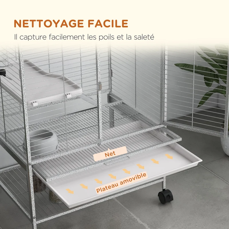 Cage 2 niveaux sur roulettes 61,5 x 44,5 x 86 cm plateau amovible étagère de rangement contemporain en acier gris clair 21_0007983