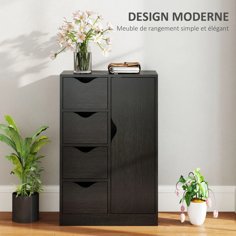 Buffet salon entrée 54 x 29 x 83 cm 1 placard 4 tiroirs antibasculement scandinave épuré en panneau de particules noir 21_0002834