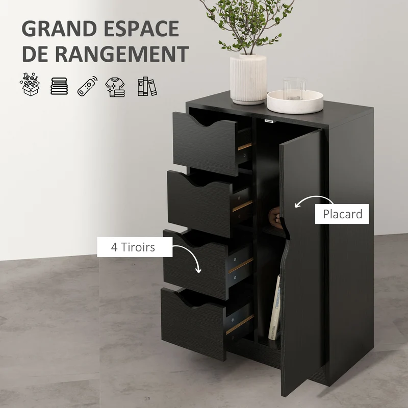 Buffet salon entrée 54 x 29 x 83 cm 1 placard 4 tiroirs antibasculement scandinave épuré en panneau de particules noir 21_0002834
