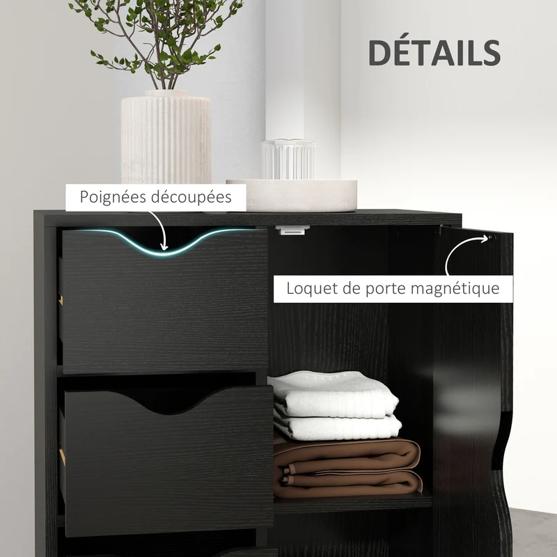 Buffet salon entrée 54 x 29 x 83 cm 1 placard 4 tiroirs antibasculement scandinave épuré en panneau de particules noir 21_0002834