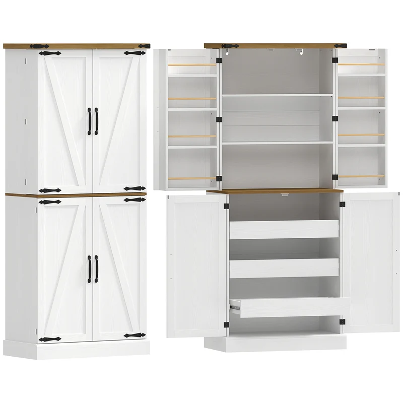 Buffet haut de cuisine 76 x 40 x 182 cm rangement 8 porte-épices étagère réglable tiroirs spacieux rustique en MDF blanc 21_0003381