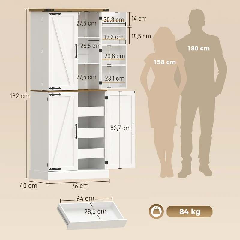 Buffet haut de cuisine 76 x 40 x 182 cm rangement 8 porte-épices étagère réglable tiroirs spacieux rustique en MDF blanc 21_0003381