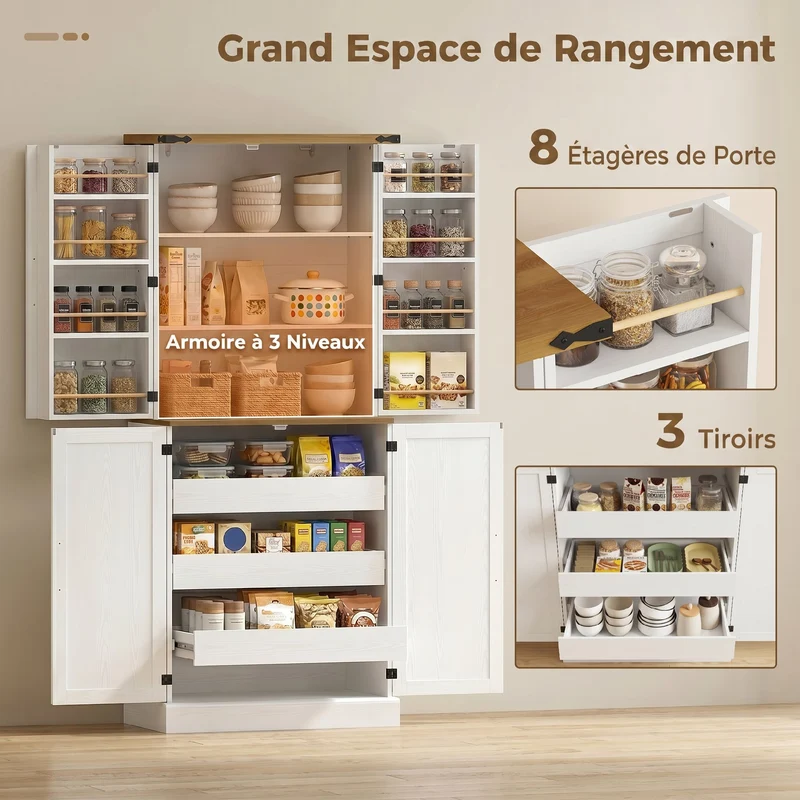 Buffet haut de cuisine 76 x 40 x 182 cm rangement 8 porte-épices étagère réglable tiroirs spacieux rustique en MDF blanc 21_0003381