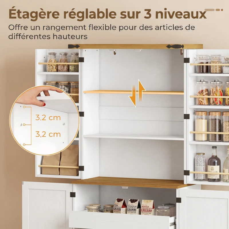 Buffet haut de cuisine 76 x 40 x 182 cm rangement 8 porte-épices étagère réglable tiroirs spacieux rustique en MDF blanc 21_0003381