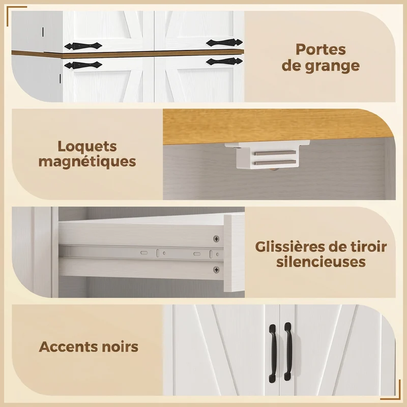 Buffet haut de cuisine 76 x 40 x 182 cm rangement 8 porte-épices étagère réglable tiroirs spacieux rustique en MDF blanc 21_0003381