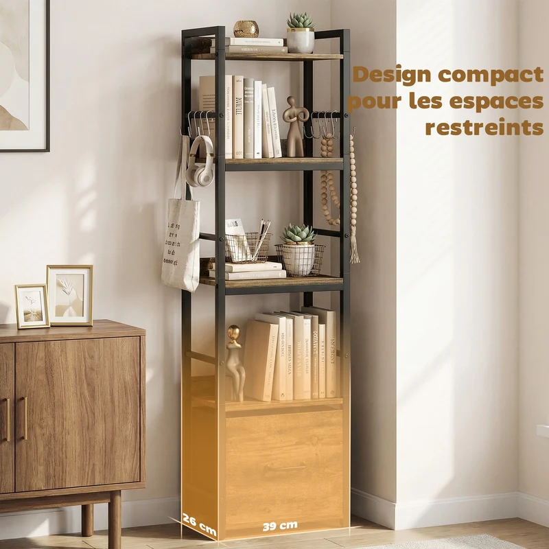 Bibliothèque étroite 39 x 26 x 136.5 cm tiroir 8 crochets rustique industriel finition mate ambiance cosy en bois brun 21_0002575